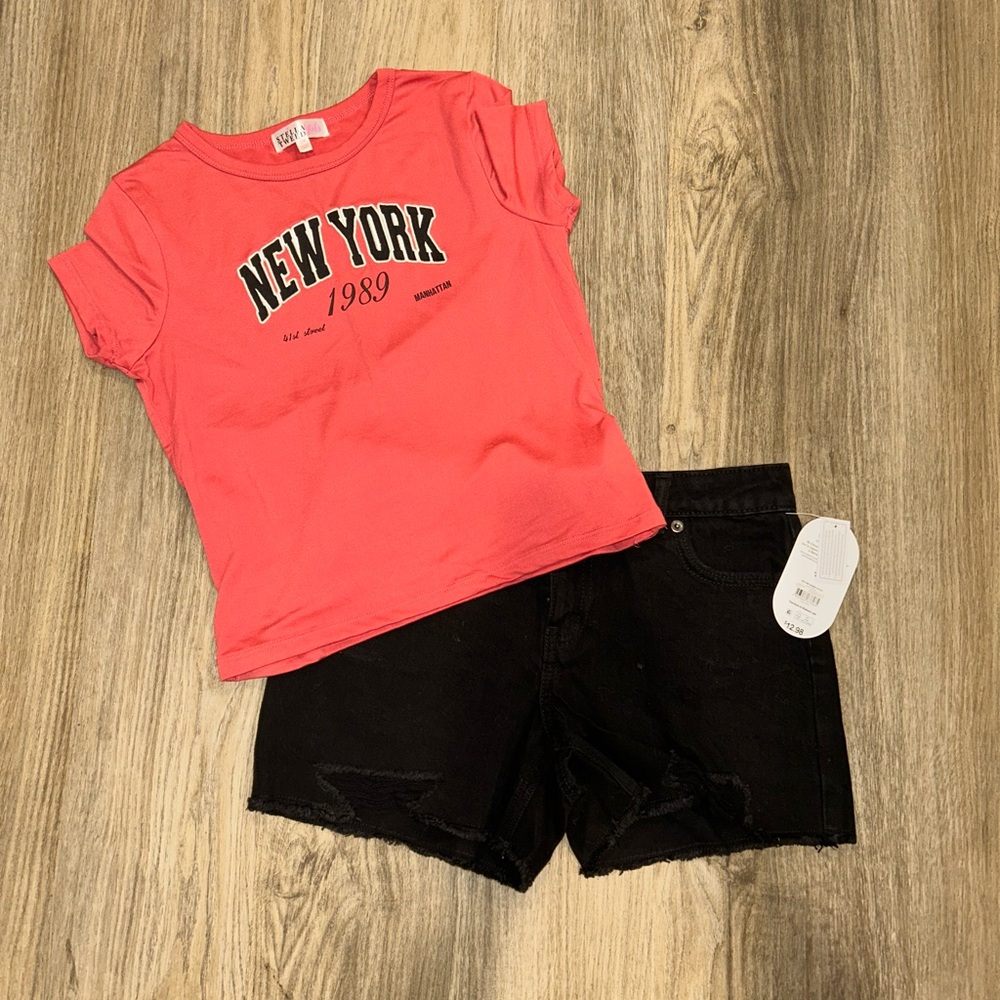 Stella Tweed Girls reddish, orange, Graphic Tee and black Jean shorts